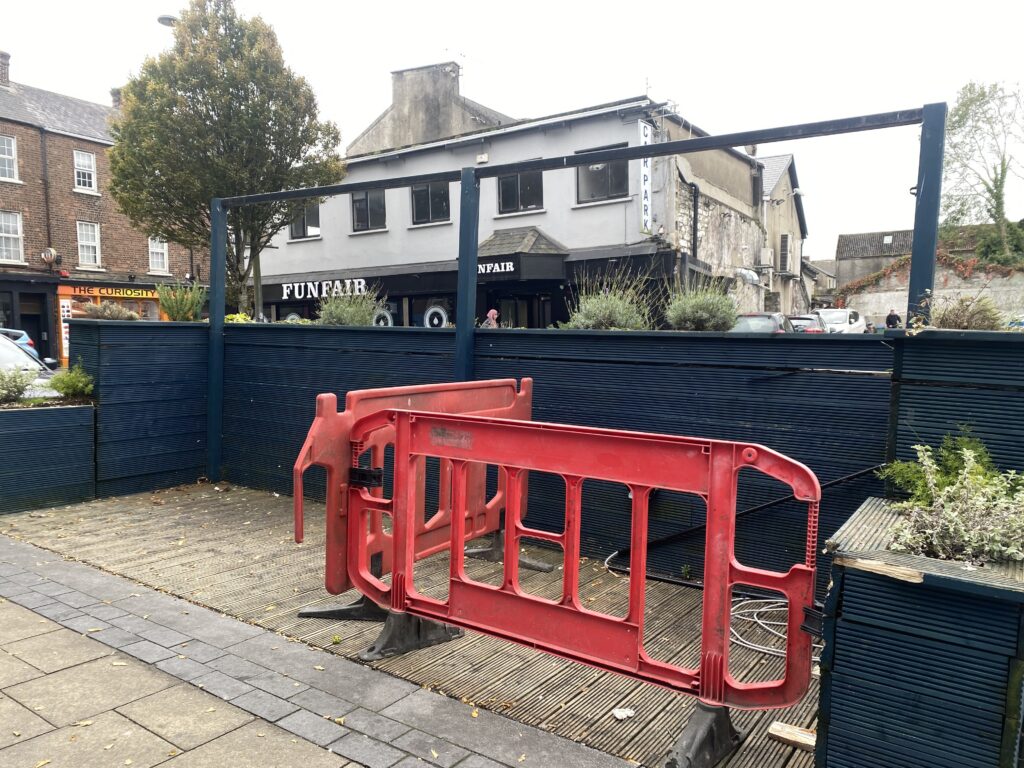 Damaged parklet outside Crew Brewing Co.