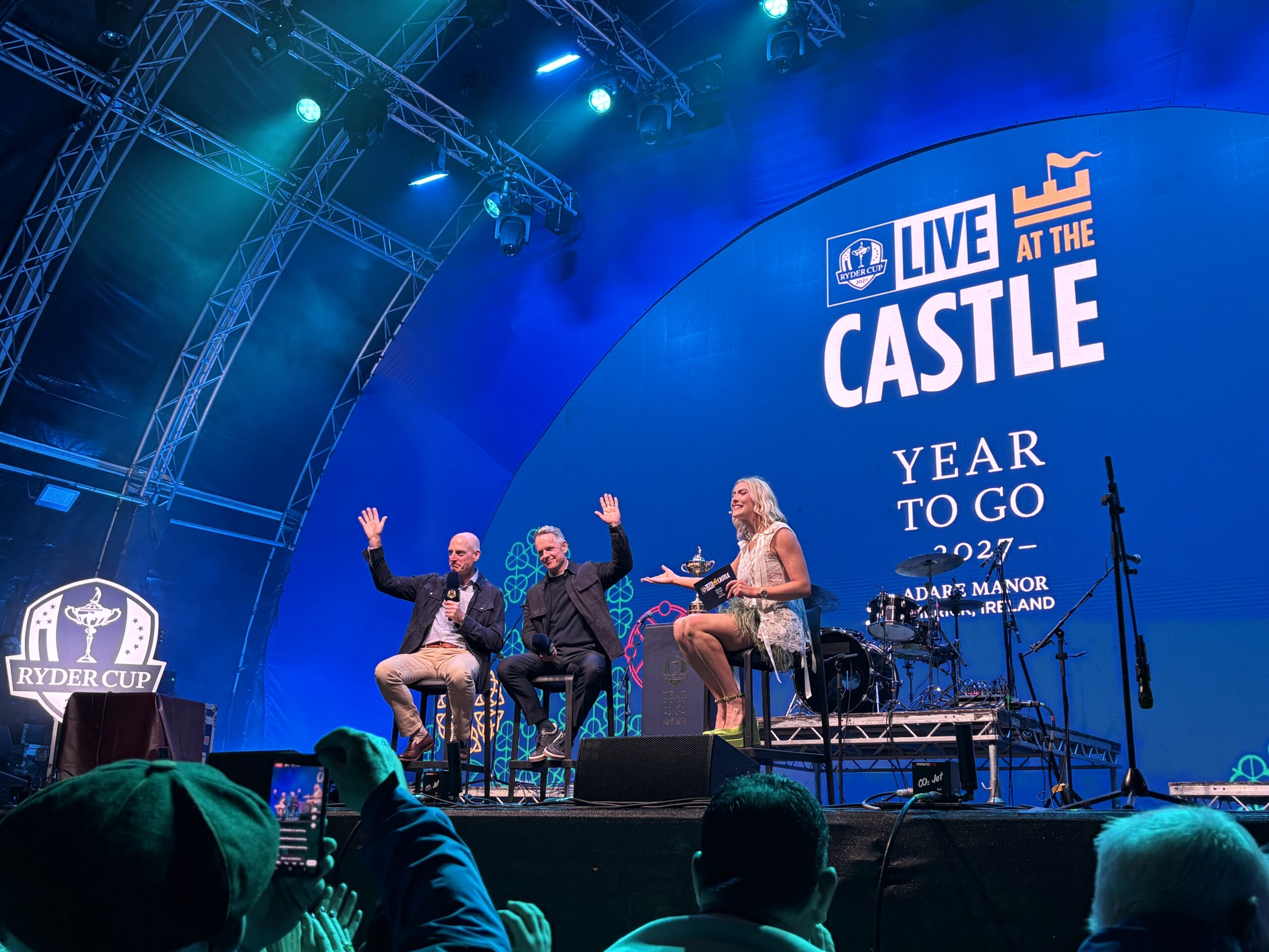 Ryder Cup captains Jim Furyk and Luke Donald with Louise Cantillon in King John's Castle